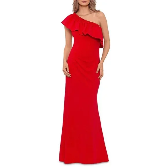 open lace back dress Maeve One-Shoulder Ruffle Gown with Slit  Minuet Apparel